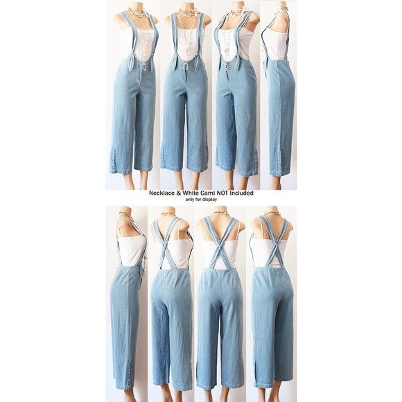 Denim Blue Cotton Wide Leg Crop Overall Jumpsuit - Picture 7 of 8